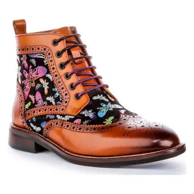 Justinreess England Womens Brown Leather Lace up Brogue Boots Butterfly Prints women's Boots in 