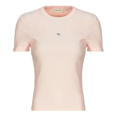 Calvin Klein Jeans WOVEN LABEL RIB FITTED TEE women's T shirt in Pink