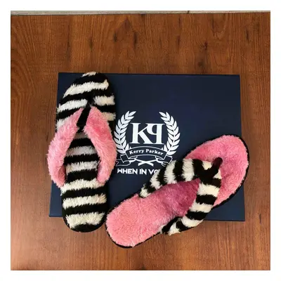 Miss-Striped Women's Cute (faux fur) Pink Flip Flops