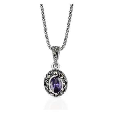 John Greed Signature Silver Marcasite & Amethyst CZ Oval Necklace For Women