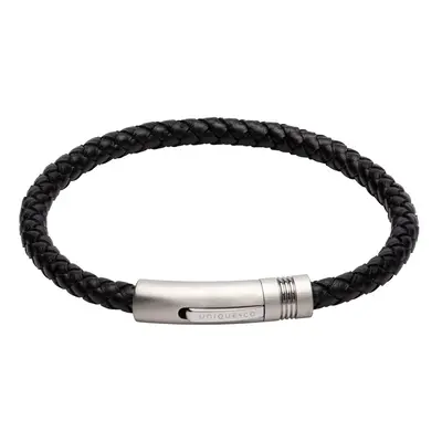 Unique Black Leather Bracelet with Matte Steel Clasp & Polished Inlay