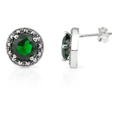 John Greed Signature Silver Marcasite & Emerald CZ Round Stud Earrings For Women