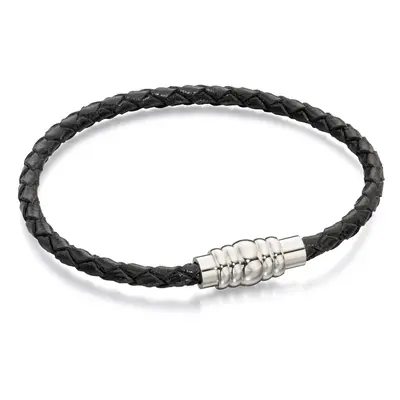 Fred Bennett Black Leather Bracelet with Magnetic Steel Clasp