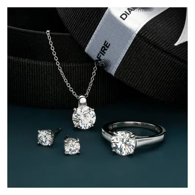 Diamonfire Silver Zirconia Solitaire Earrings Necklace & Ring Set For Women