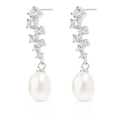 John Greed Signature Silver Graduated CZ & Freshwater Pearl Drop Earrings For Women