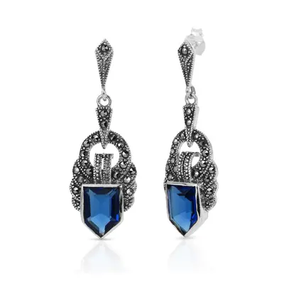 John Greed Signature Silver Marcasite & Sapphire CZ Ornate Earrings For Women