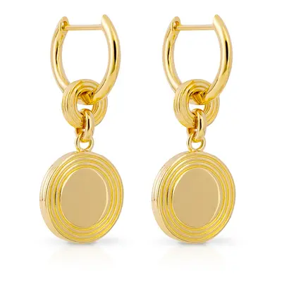 John Greed Signature Gold Plated Ridged Disc Drop Hoop Earrings For Women