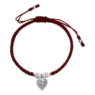 John Greed Signature Silver Heart Red Waxed Cotton Bracelet For Women