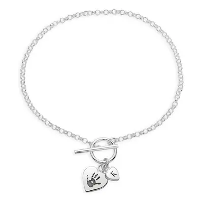 John Greed CANDY Love Silver Two Hearts Handprint/Footprint Engraving T-Bar Bracelet For Women