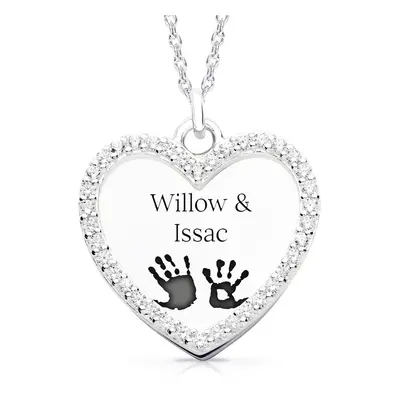 John Greed Signature Large Silver Heart & Halo Handprint/Footprint Engraving Necklace For Women