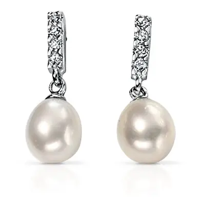 John Greed Signature Freshwater Pearl Silver Drop Earrings with Cubic Zirconia For Women