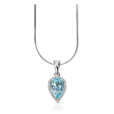 John Greed Signature Silver Blue Topaz & CZ Teardrop Halo Necklace For Women