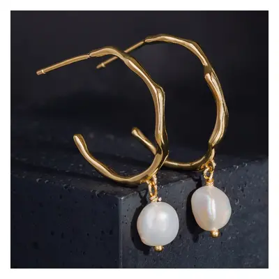 John Greed CANDY Cane Gold Plated Silver Freshwater Pearl Hammered Hoop Earrings For Women