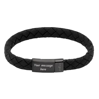 Unique Black Leather Bracelet with Black Steel Magnetic Clasp