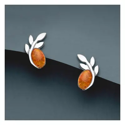 John Greed Tempest Wald Silver Baltic Amber Leaf Stud Earrings For Women