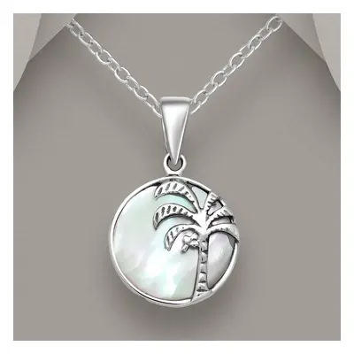 John Greed Tempest Serre Silver Round Mother of Pearl Palm Tree Necklace For Women