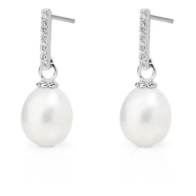 John Greed Signature Silver CZ Bar Freshwater Pearl Drop Earrings For Women