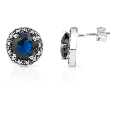 John Greed Signature Silver Marcasite & Sapphire CZ Round Stud Earrings For Women