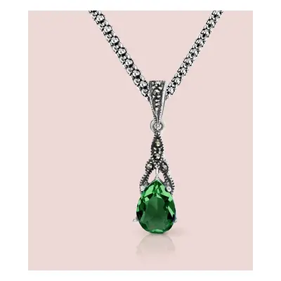 John Greed Signature Silver Marcasite & Emerald CZ Drop Necklace For Women