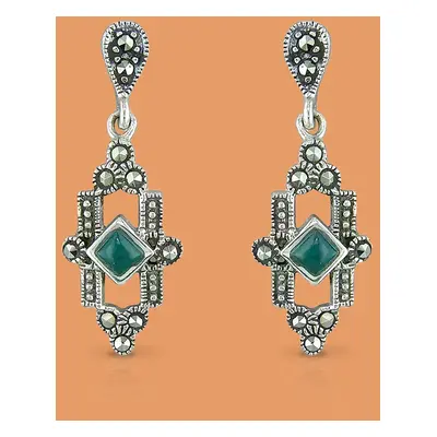 John Greed Signature Silver Marcasite & Green Agate Art Deco Drop Earrings For Women