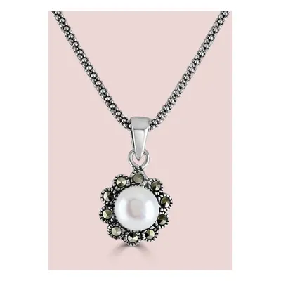 John Greed Signature Silver Marcasite & Pearl Flower Necklace For Women