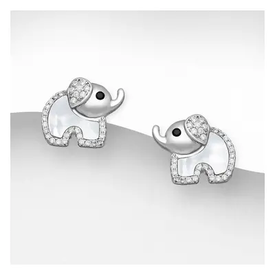 John Greed Signature Silver CZ Mother Of Pearl Elephant Stud Earrings For Women