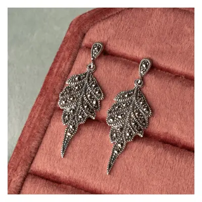 John Greed Signature Silver Marcasite Leaf Drop Earrings For Women