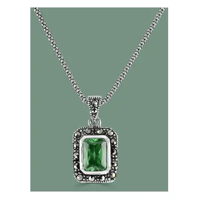 John Greed Signature Silver Marcasite & Emerald CZ Rectangle Necklace For Women