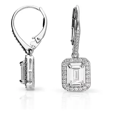 John Greed Signature Silver CZ Emerald Cut Halo Drop Earrings For Women