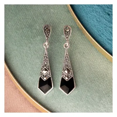 John Greed Signature Silver Marcasite & Black Agate Kite Drop Earrings For Women