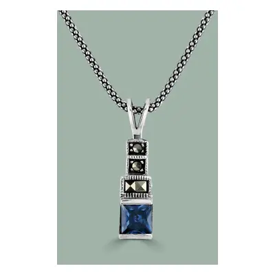 John Greed Signature Silver Marcasite & Sapphire CZ Square Tier Necklace For Women