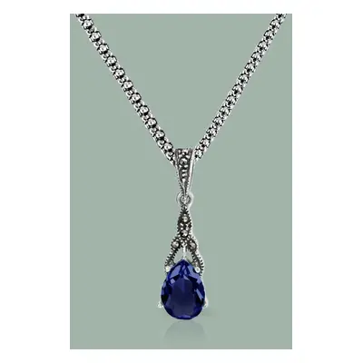 John Greed Signature Silver Marcasite & Sapphire CZ Drop Necklace For Women