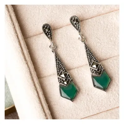 John Greed Signature Silver Marcasite & Green Agate Kite Drop Earrings For Women