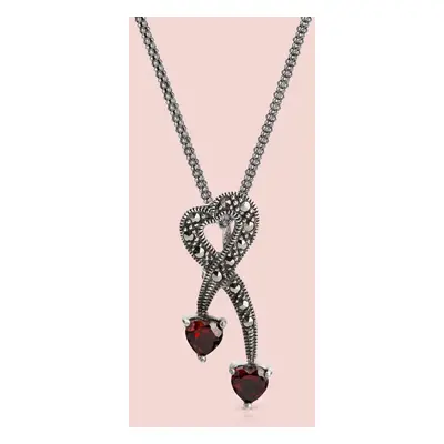 John Greed Signature Silver Marcasite & Garnet CZ Hearts Necklace For Women