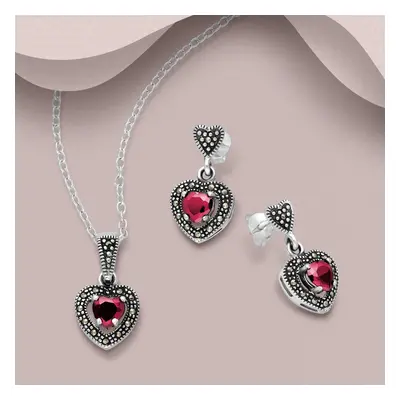 John Greed Signature Silver Marcasite Red CZ Heart Necklace & Earrings Set For Women