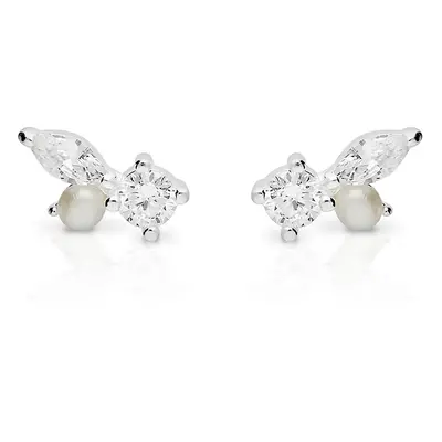 John Greed Signature Silver CZ Pearl Abstract Stud Earrings For Women