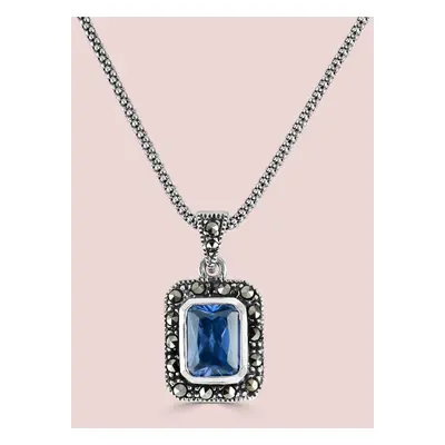 John Greed Signature Silver Marcasite & Sapphire CZ Rectangle Necklace For Women