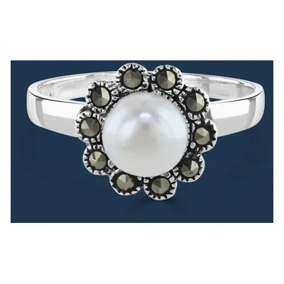 John Greed Signature Silver Marcasite & Pearl Flower Ring For Women