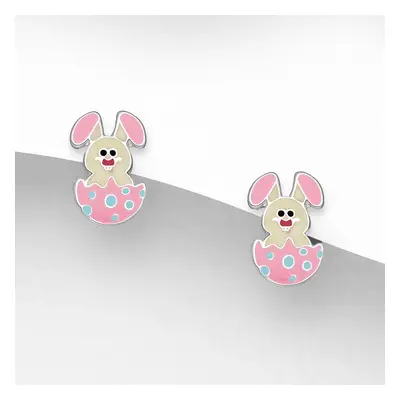 John Greed Signature Silver Pink Enamel Hatched Rabbit Stud Earrings For Women