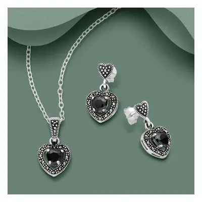 John Greed Signature Silver Marcasite Black CZ Heart Necklace & Earrings Set For Women