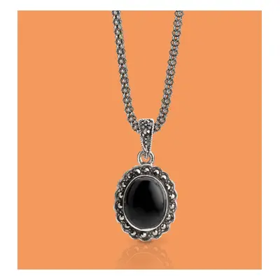 John Greed Signature Silver Marcasite & Onyx Oval Necklace For Women