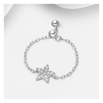 John Greed Signature Silver CZ Star Adjustable Chain Ring For Women