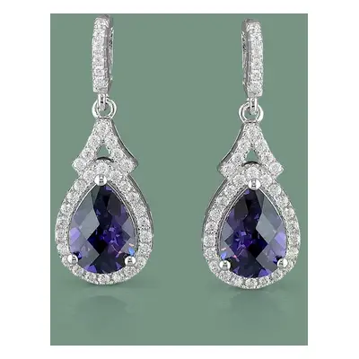 John Greed Signature Silver Purple CZ Pear Halo Drop Earrings For Women