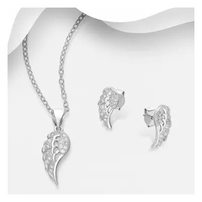 John Greed Signature Silver Pave CZ Angel Wing Necklace & Earrings Set For Women