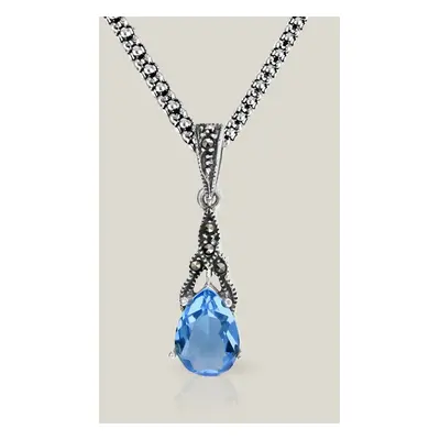 John Greed Signature Silver Marcasite & Blue Topaz CZ Drop Necklace For Women