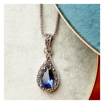 John Greed Signature Silver Marcasite & Sapphire CZ Teardrop Necklace For Women