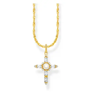 THOMAS SABO Gold Plated Pearl & Princess Baguette Cut CZ Cross Necklace For Women