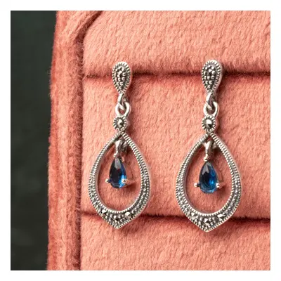 John Greed Signature Silver Marcasite & Sapphire CZ Open Drop Earrings For Women