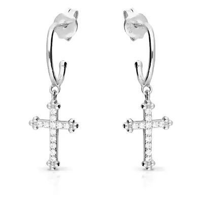 John Greed Signature Silver CZ Cross Drop Hoop Earrings For Women