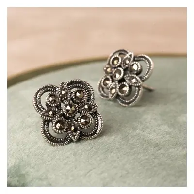 John Greed Signature Silver Marcasite Clover Stud Earrings For Women